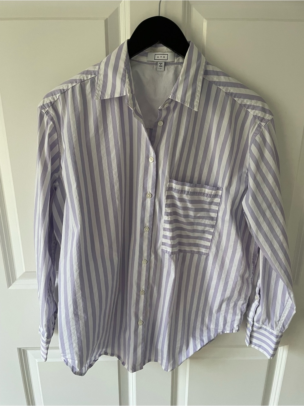 AYR The Deep End Stripe Button Down Shirt Purple White Womens Size Small